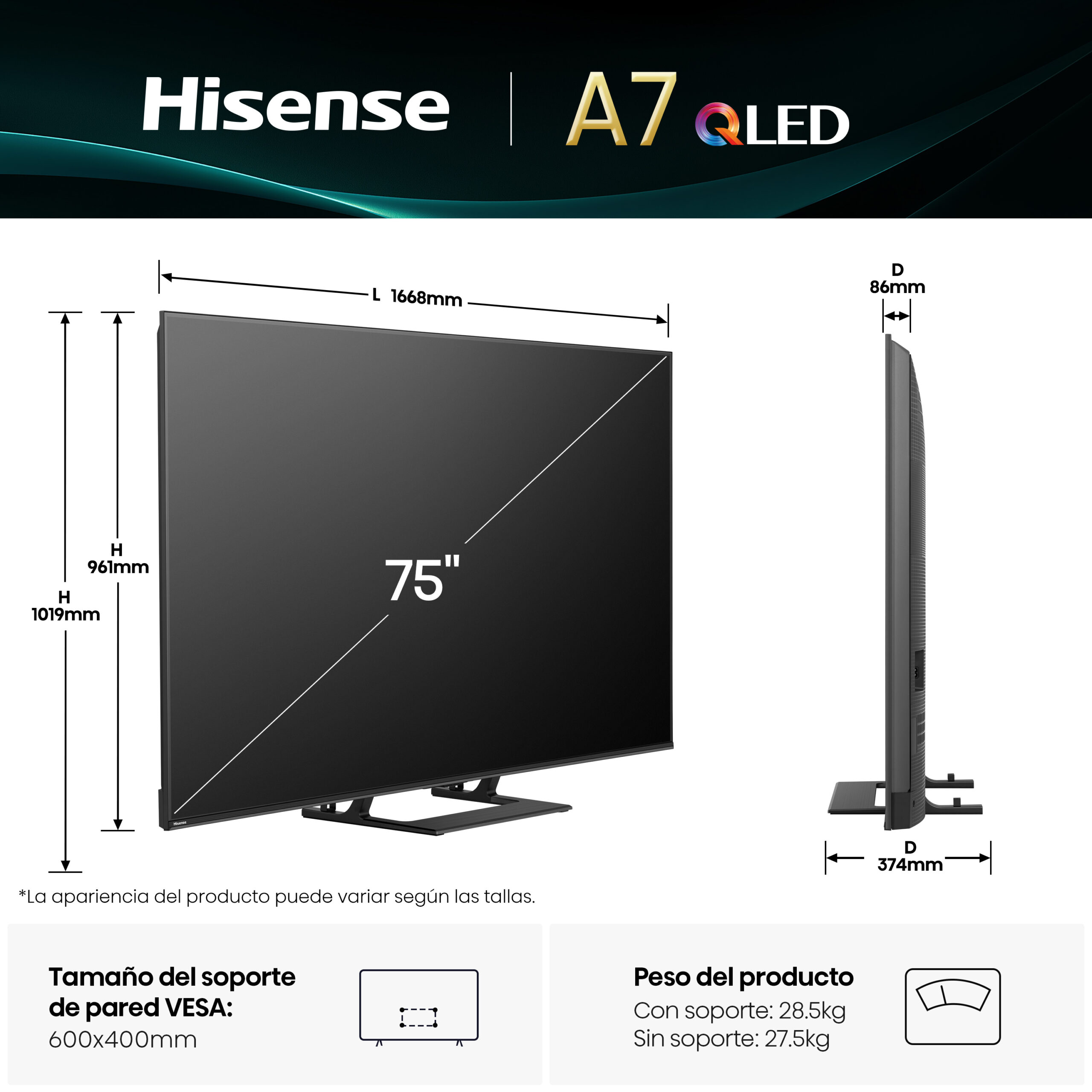 TV HISENSE 75 75A7Q UHD QLED SMART TV HDR10+ - Imagen 3